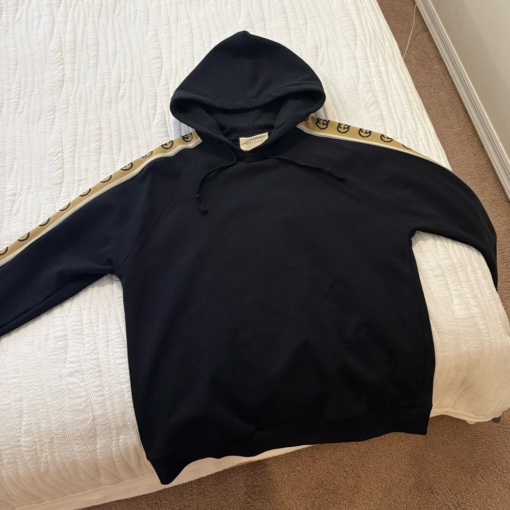 Gucci Black Hoodie Sweatshirt with Beige GG Logo Trim